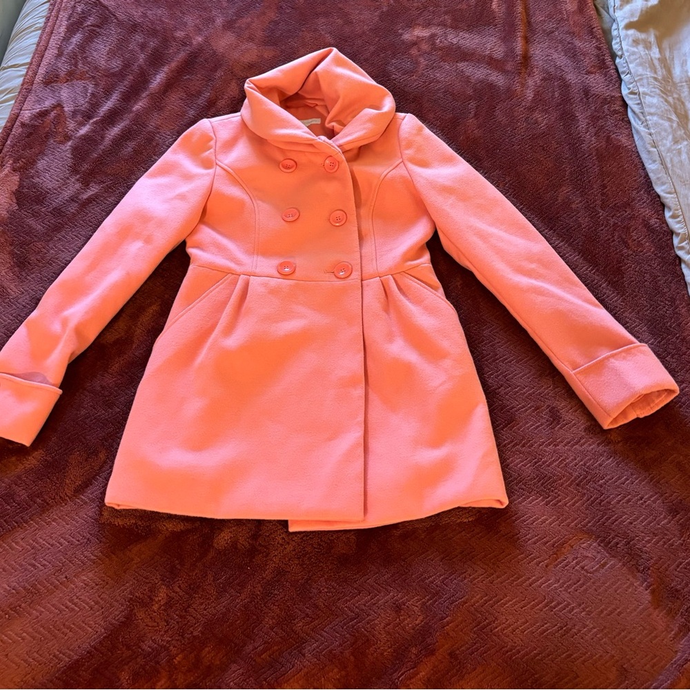 New York & Company Women Coral Pink Double-Breasted Peacoat